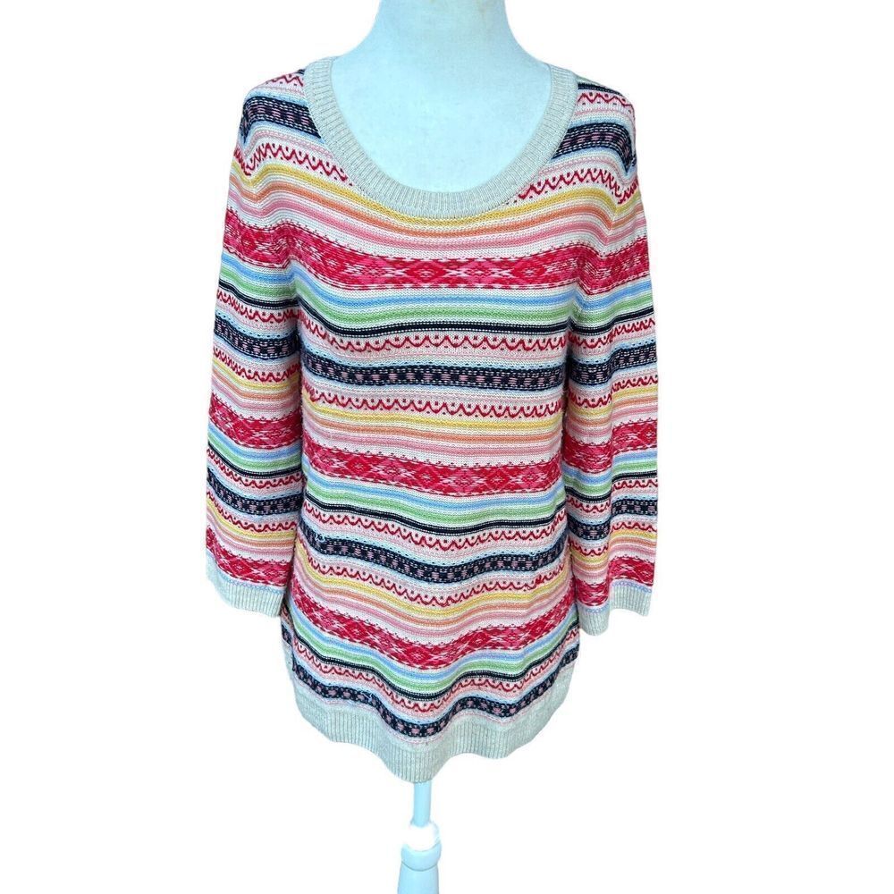 Talbots Sweater Striped Red Green Blue Yellow White Lambswool Sz Medium